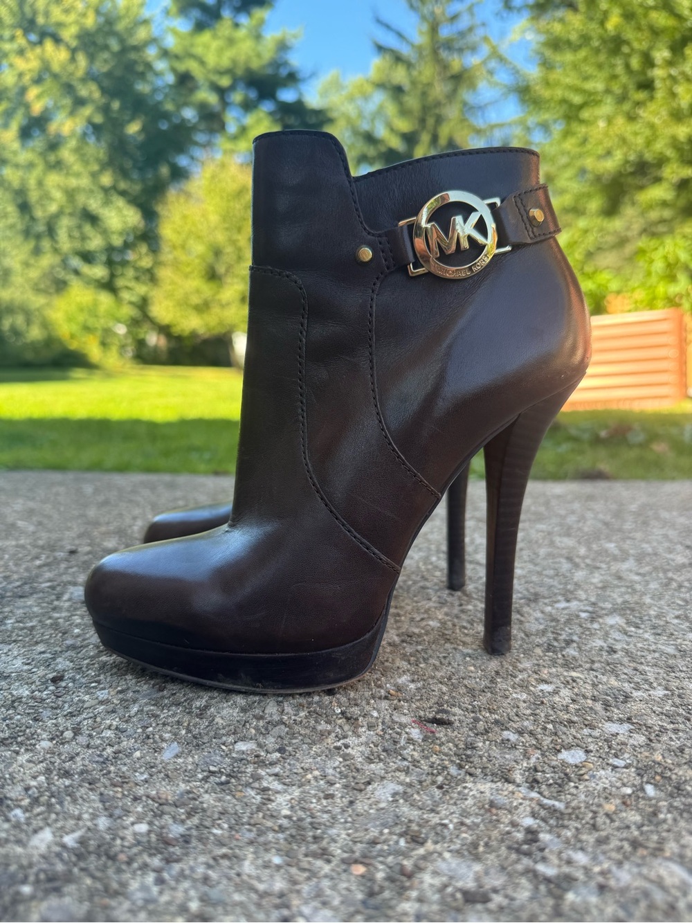 Michael Kors Berkley Dark Brown Leather MK Logo Platform Stiletto Booties 7M